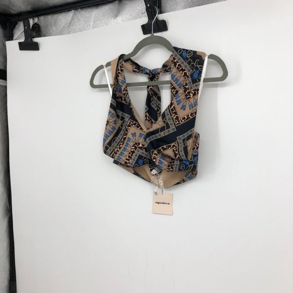 NWT Superdown Alondra Halter wrap crop top in tan blue leopard multicolor SP - Picture 12 of 15